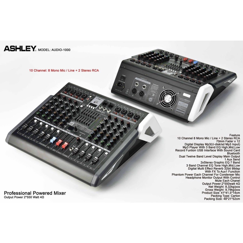 ASHLEY AUDIO-1000. Power Mixer 10 Channel 8 Mono / Line + 2 Stereo RCA.