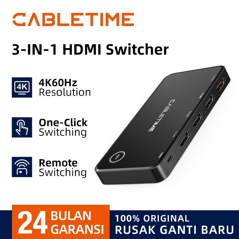 CABLETIME HDMI Switcher 3 Port Out 4K 30Hz 3in1 For HDTV KVM Premium