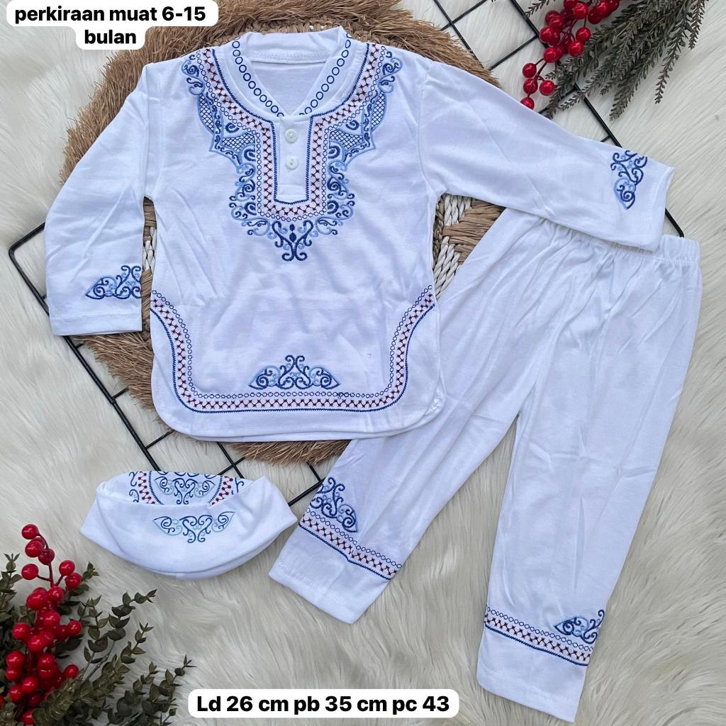 Baju koko  Anak / setelan baju anak bayi koko muslim ada peci bordir bagus / baju lebaran putih anak