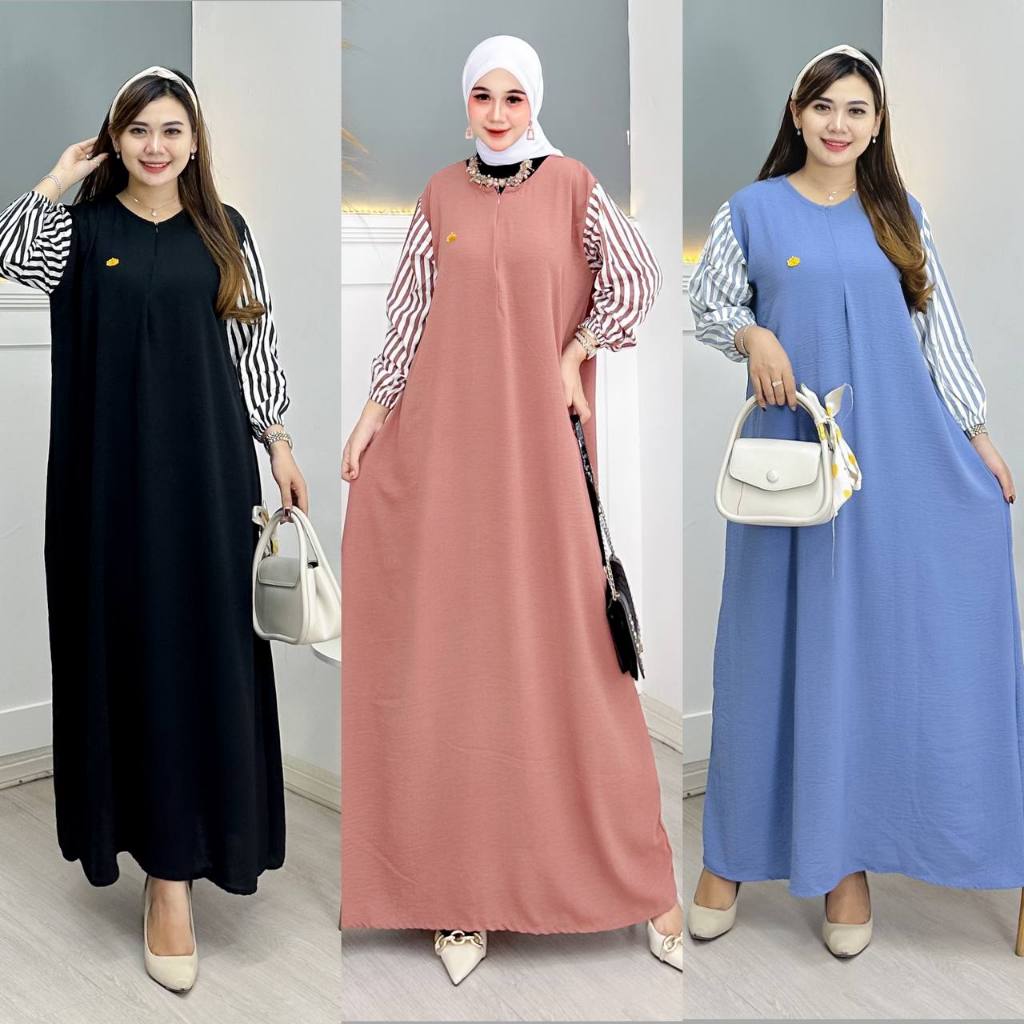 Nayla Dress Free Pin/Bross Kombinasi Salur & Polos Gamis Kekinian Simple Fashion