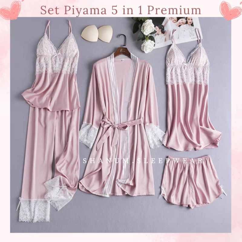 SHANUM Piyama Wanita 5in1 – Set Lingerie Kimono Silk Lace Premium Import M–XXL