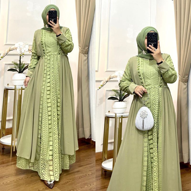 READY...Gamis Brukat mutiara 3D Keliling mix Tile/gamis pesta/gamis brukat mewah