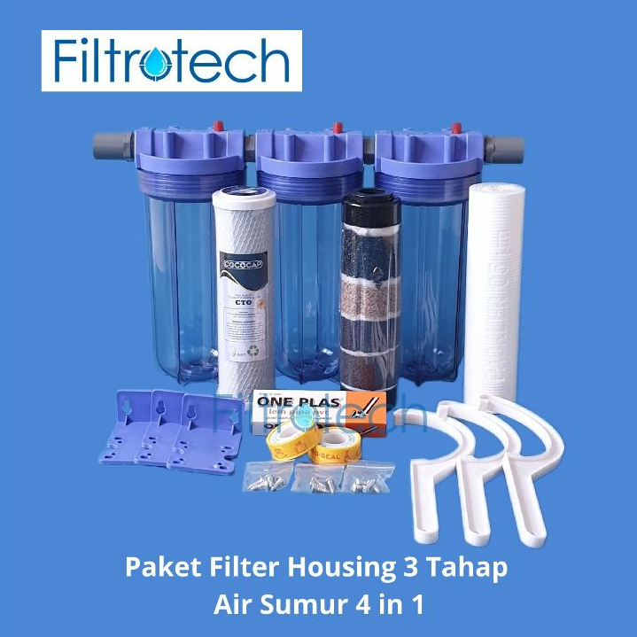 Paket Housing Filter Air 3 Tahap Air Sumur 4in1 10 Inch
