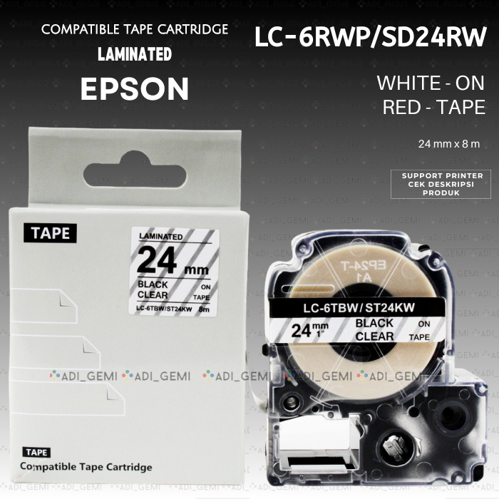 

Compatible TAPE Cartridge EPSON LC-6TBW ST24KW BLACK ON CLEAR 24MM X 8M