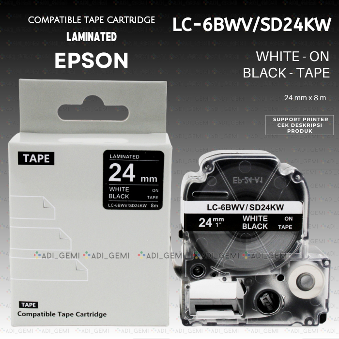 

Compatible TAPE Cartridge EPSON LC-6BWV SD24KW WHITE ON BLACK 24MM X 8M