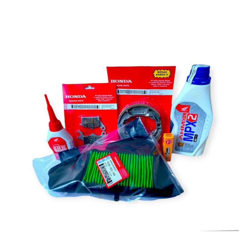 Paket Komplit Service Kampas Rem Depan Belakamg+Filter Udara+Busi+Oli Gardan+Oli Mpx 2 Honda Beat Al