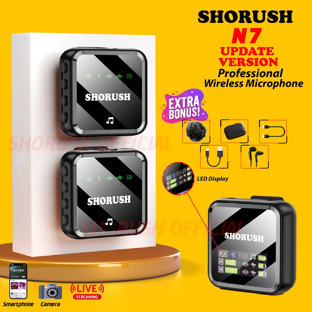 Shorush N7 Professional Microphone Mic Clip On Wireless Kotak Mic ASMR Mukbang Noise Reduction For