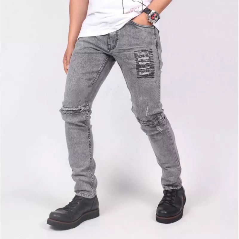 Abu Sandwash Sobek Lutut Celana Jeans Pria Grey Sobek Bikers Ripped Premium Denim