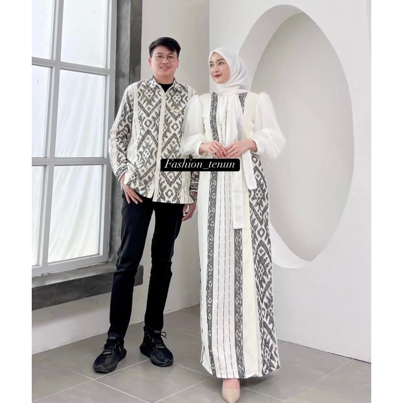 BAJU TENUN DRESS DAN KEMEJA COUPLE (PADMA COUPLE BROKEN WHITE) / DRESS LEBARAN / GAMIS / DRESS KONDA