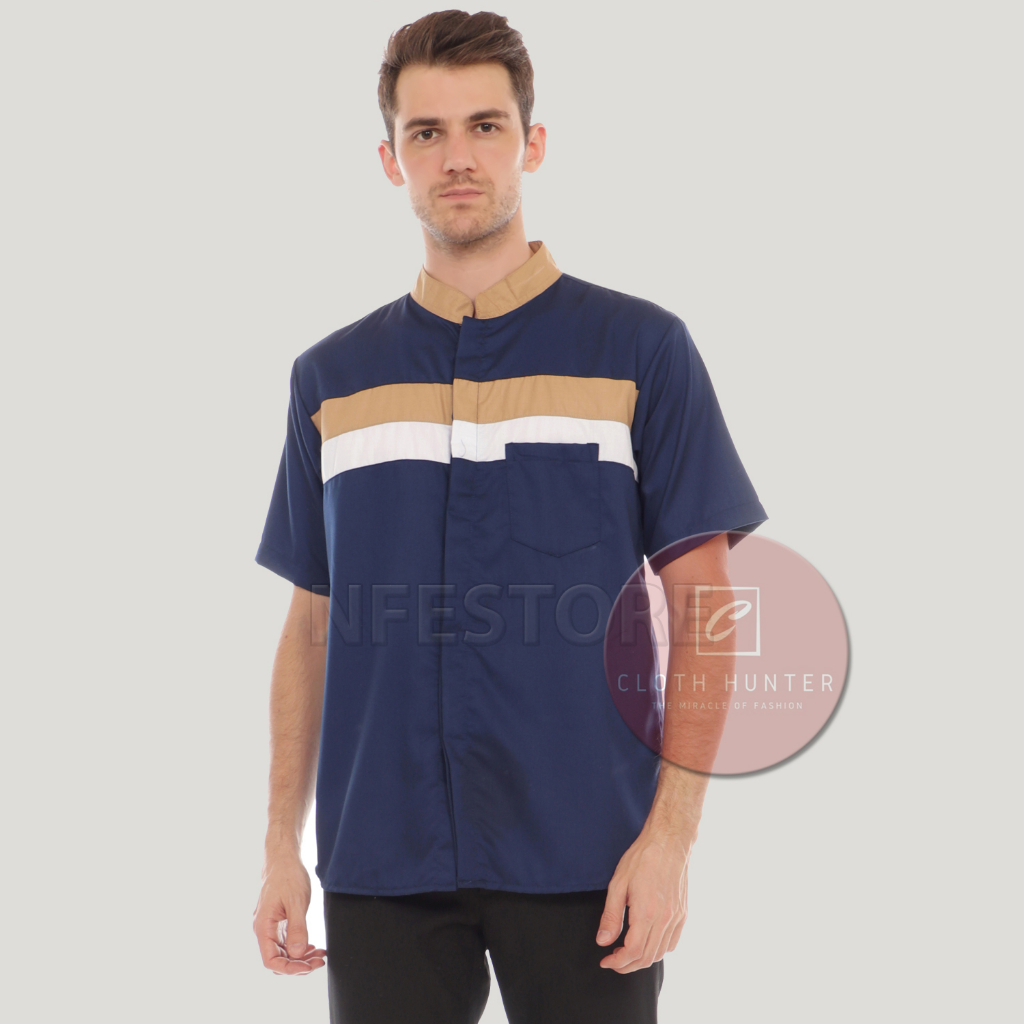 Koko Pria Muslim Lengan Pendek Biru Navy Polos Kemko Qahtan Katun Toyobo Tebal