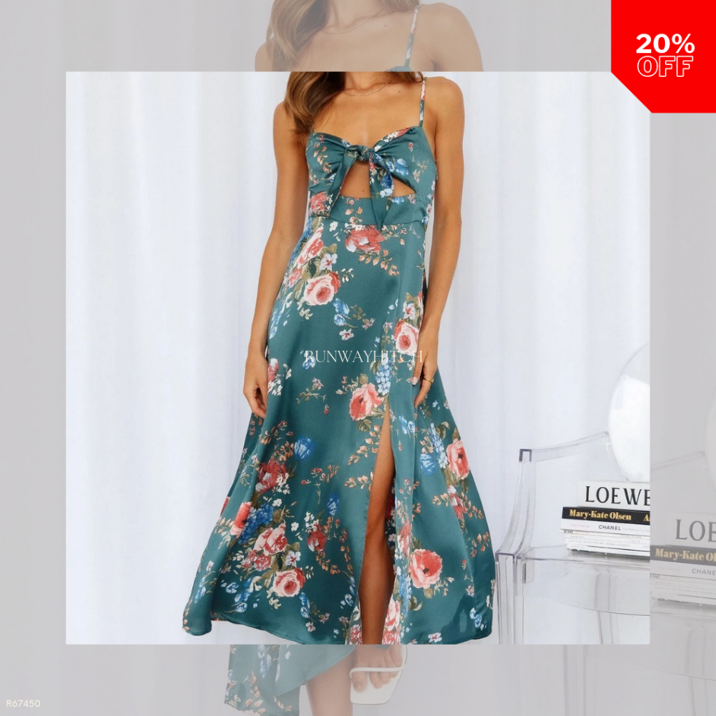 FRONT KNOT SLIT DRESS SILK BIRU R67450 / ROSE FLOWER MIDI DRESS - SALE