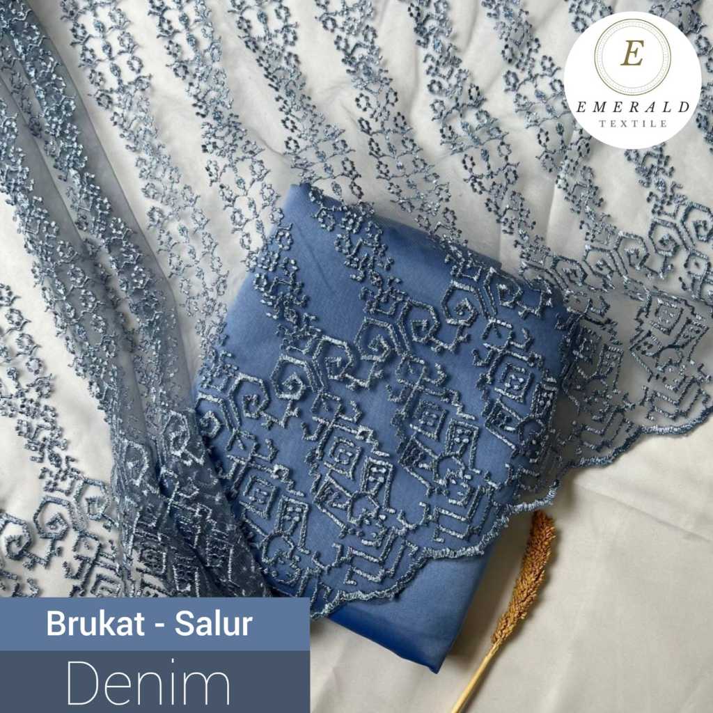 SETENGAH METER Kain Brukat Tile Prancis Bahan Kebaya Motif Salur - Denim ( HERGA PER 50cm KAIN )