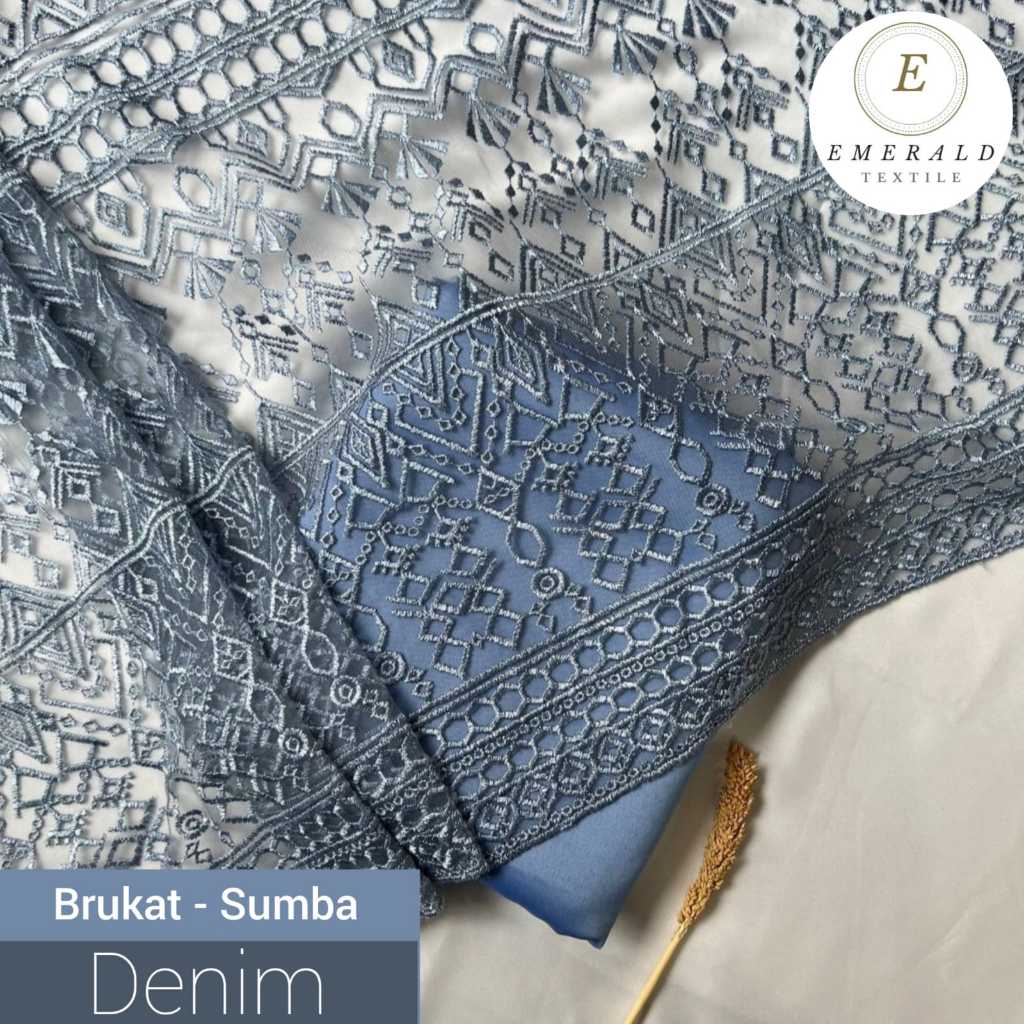 SETENGAH METER Kain Brukat Tile Prancis Bahan Kebaya Motif Sumba - Denim ( HARGA PER 50cm KAIN )