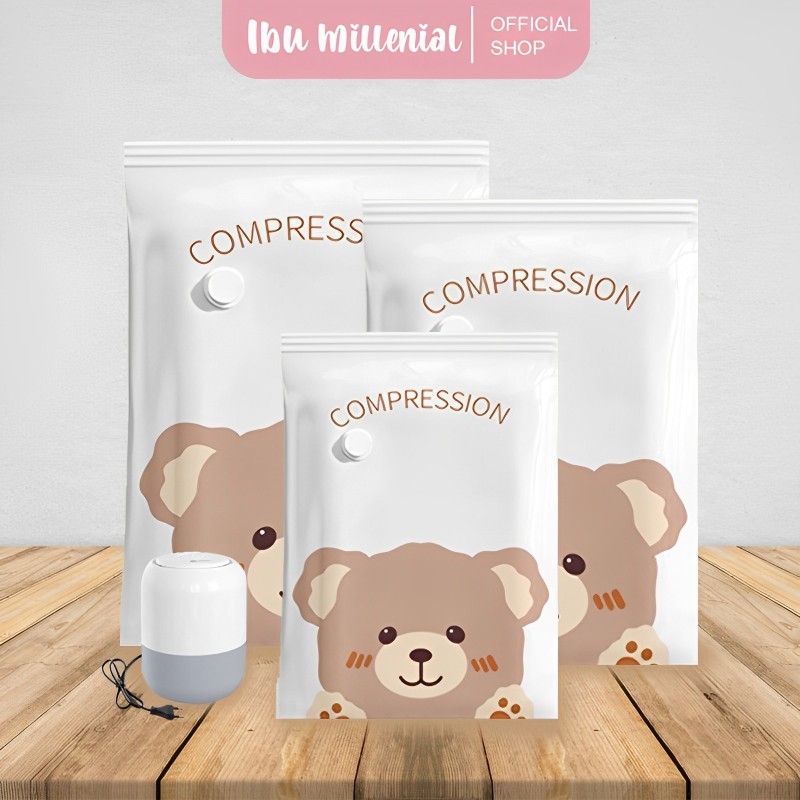 IBUMILLENIAL Plastik Vacuum Baju Motif Teddy Bear Kantong Pakaian Travel Anti-air Dipakai Berulang