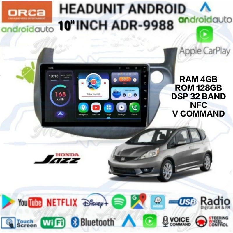 HEAD UNIT TAPE TV MOBIL ANDROID MERK ORCA UNTUK  HONDA JAZZ 2008-2013 RAM 4GB/128GB LAYAR 10 INCH