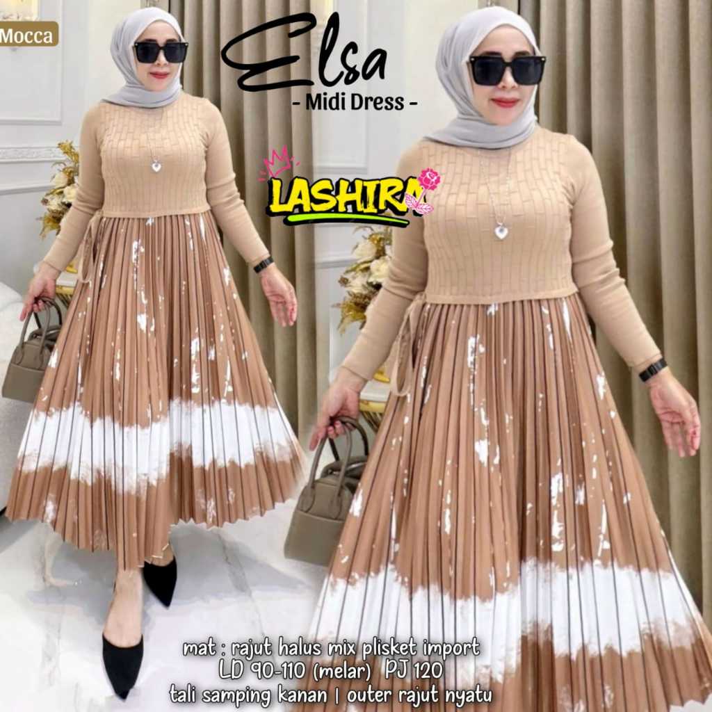 elsa midi dress dres pakaian baju gamis bahan rajut halus plisket import adem tebal melar motif ld 9