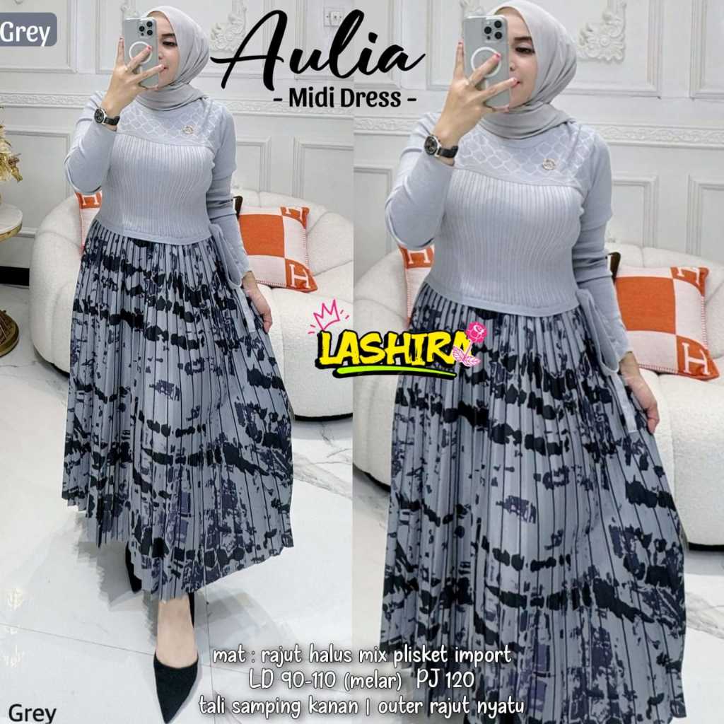 aulia midi dress dres pakaian baju gamis bahan rajut halus plisket import adem tebal melar motif ld 