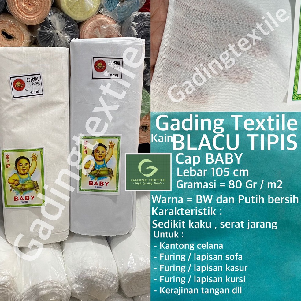 22 sale  per 1 roll  kain BELACU tipis BLACU cap BABY warna BW putih bersih lebar 15 cm rollan polye