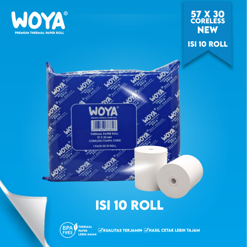 

KERTAS THERMAL WOYA ISI 10 ROLL STRUK KASIR 57X38 CORELESS / PPOB PAPER ROLL 58X38 / PREMIUM