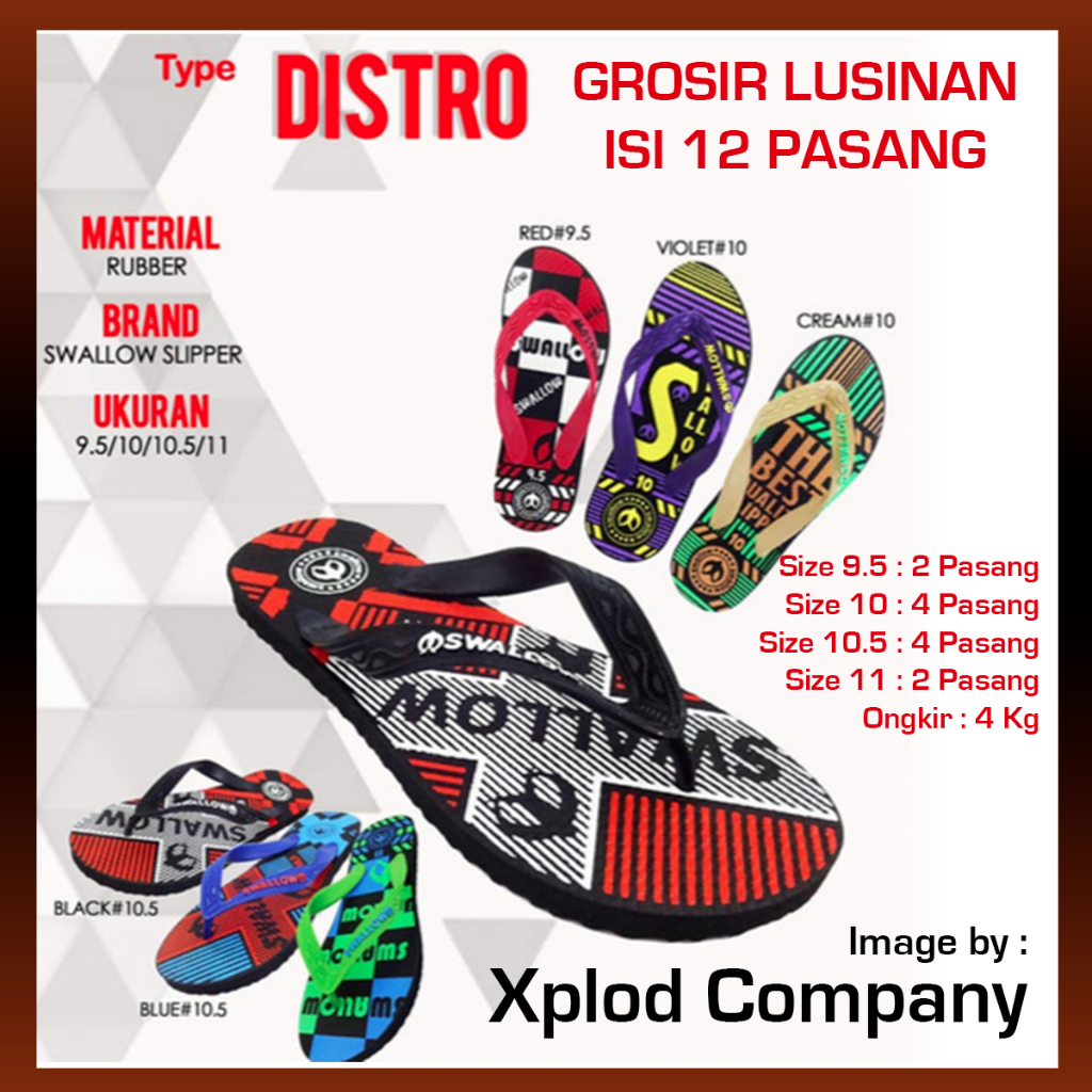 (12 Pasang) Grosir Lusinan Sandal Swallow Distro Seri Ukuran Seri 9.5 – 11 Sendal Swallow Grosiran