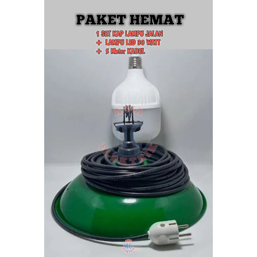 Kap Lampu Gantung E27 Uk 30cm / Kap WD+Fitting + Kabel +Steker Arde Bulat + Lampu Led 30 Watt Cahaya