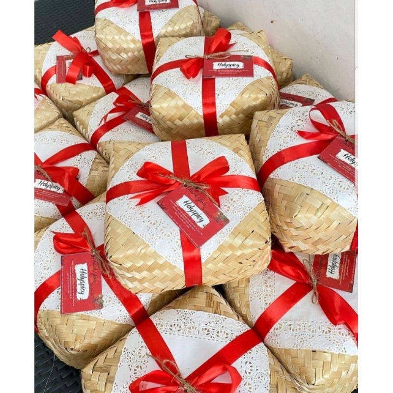 SEPASANG BESEK BAMBU NATURAL FREE HIASAN PITA SIZE (18x18 cm) (20x20 cm) (22x22 cm) (25x25 cm)