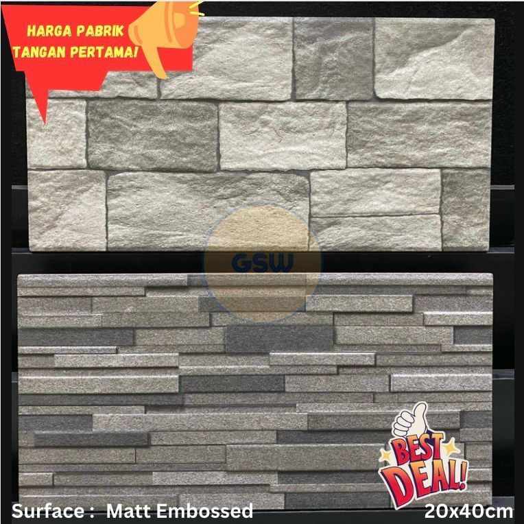 Keramik Dinding 20x40 Motif Batu Alam Timbul Kualitas 2 Grade B Genoa Ginza