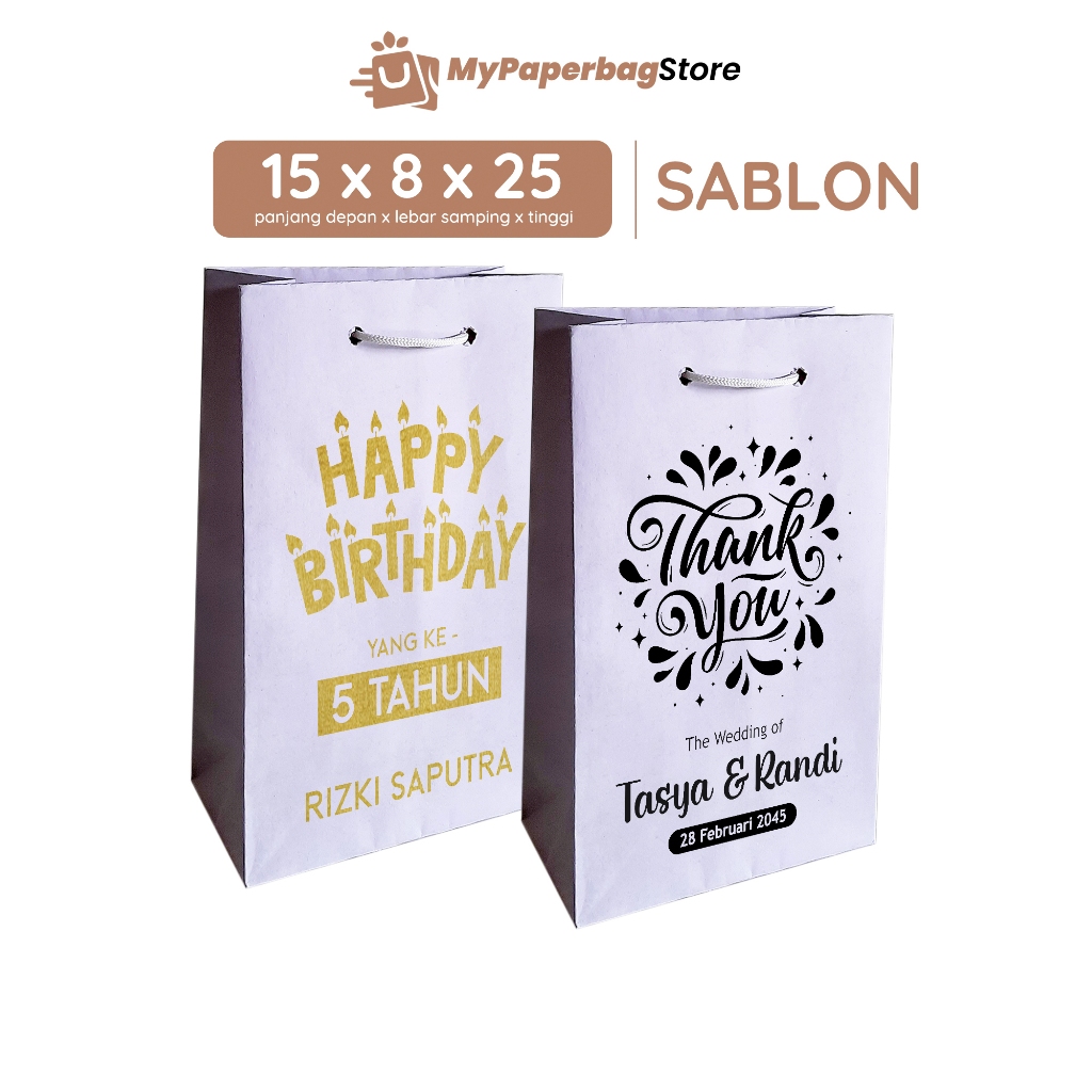

Paperbag Sablon Tas Kertas Putih Ukuran 15x8x25 (Wafer) / Tas Souvenir Paper Bag Songgong Hajatan