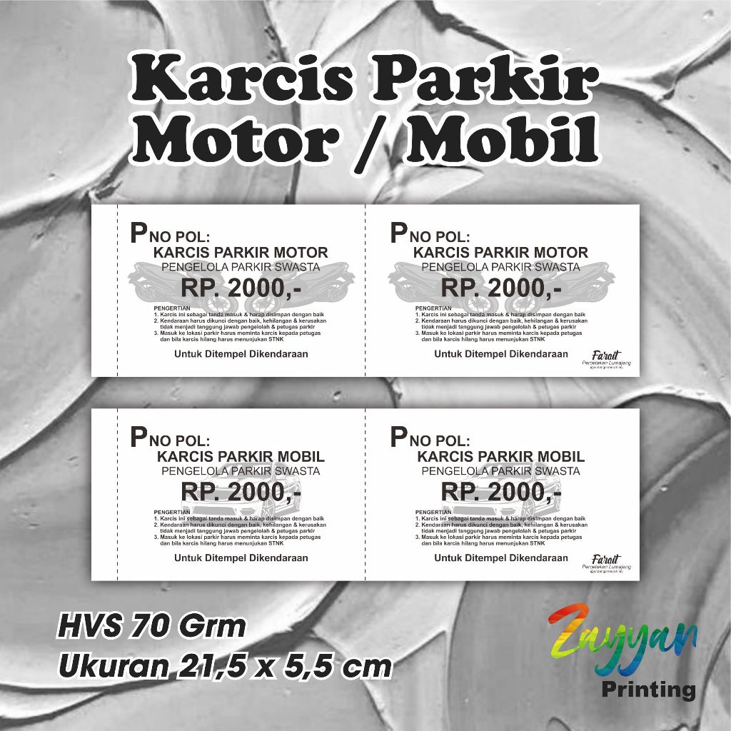 

Cetak Karcis Parkir Motor Dan Mobil Murah Meriah, Elegant, Xpress Tanpa PO