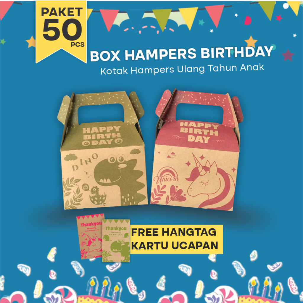 

Gift Box Ulang Tahun Anak 50pcs / Gable Box Bingkisan Snack Ultah anak / Giftbox Birthday Anak (Paket 50pcs)