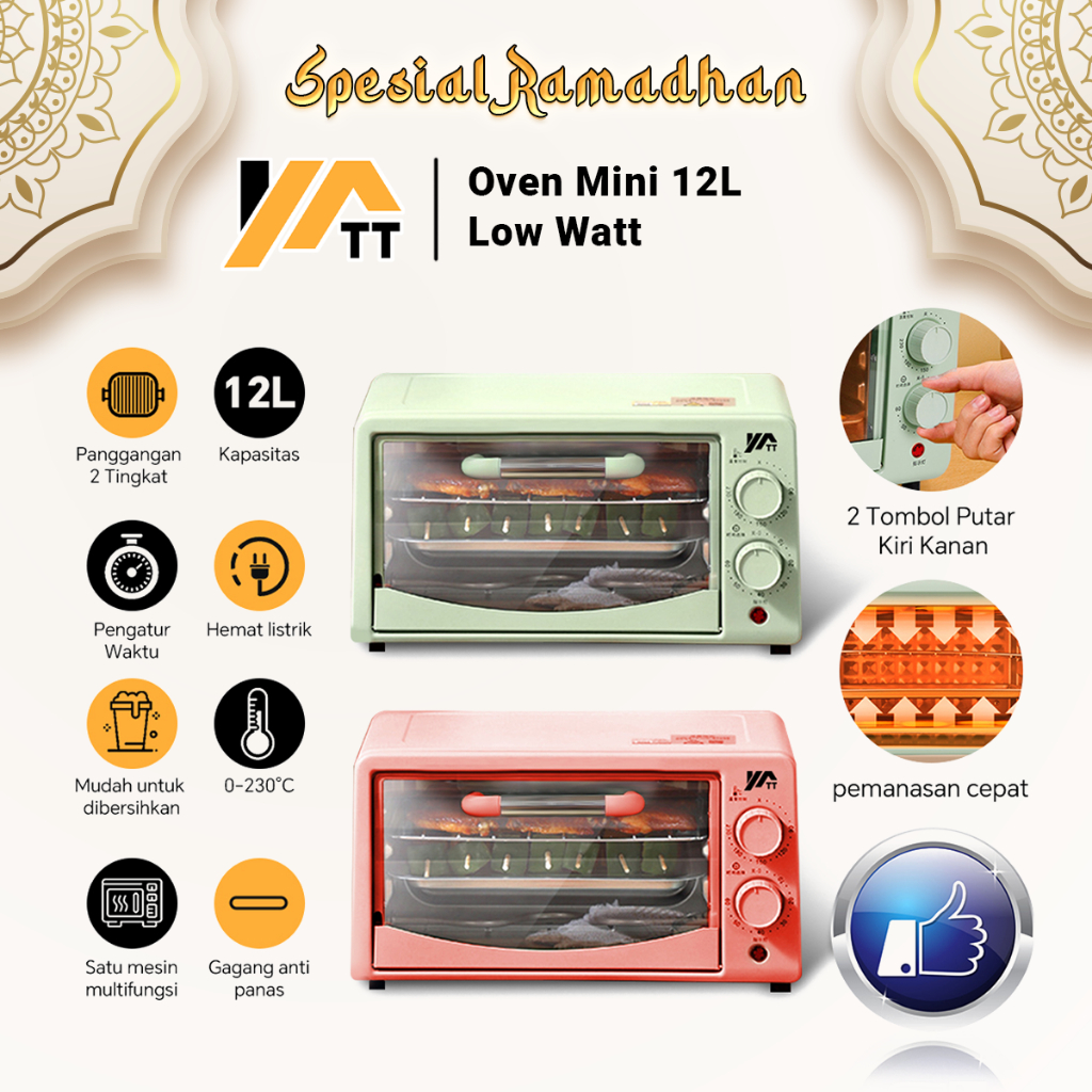 YATT Oven Listrik Panggangan Elektrik Mini Low Watt 12L Multifungsi Microwave Penghangat Makanan Daging Kue BBQ