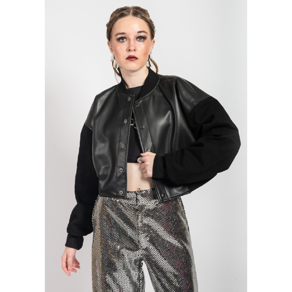 OCWA GUSTO VARSITY MIXED BLACK LEATHER DENIM JACKET WOMAN