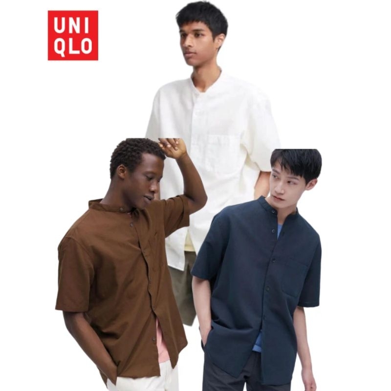 Kemeja Lengan Pendek Pria Uniqlo Linen Stand Collar Short Sleeve Shirt - Kemeja Kerah Shanghai - Kem