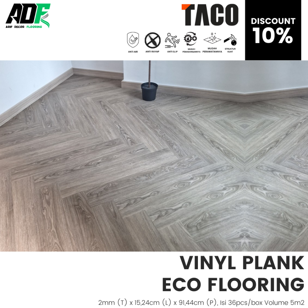 TERBARU Lantai Vinyl Plank TACO ECO Tebal 2mm Motif Kayu / Wood