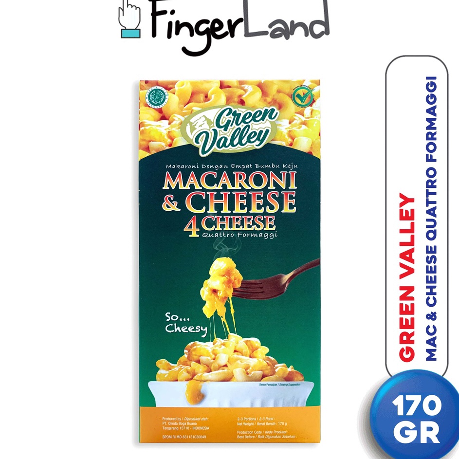 

PROMO SALE GREEN VALLEY Macaroni and Cheese Quattro Formaggi 17 Gr 4 Jenis Keju