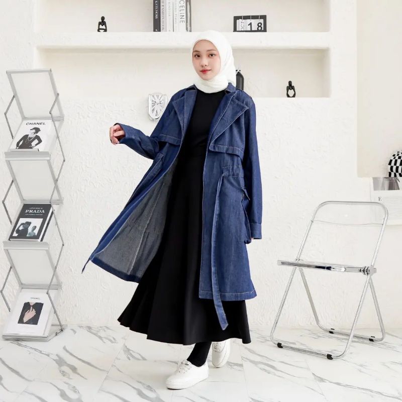 Baju Muslimah Wanita Panjang Bahan Jeans Terbaru Denim Coat