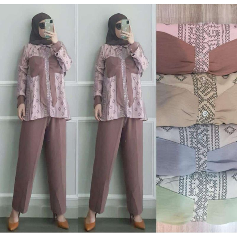 Setelan viral setcel pita 2motif  bahan crinkle