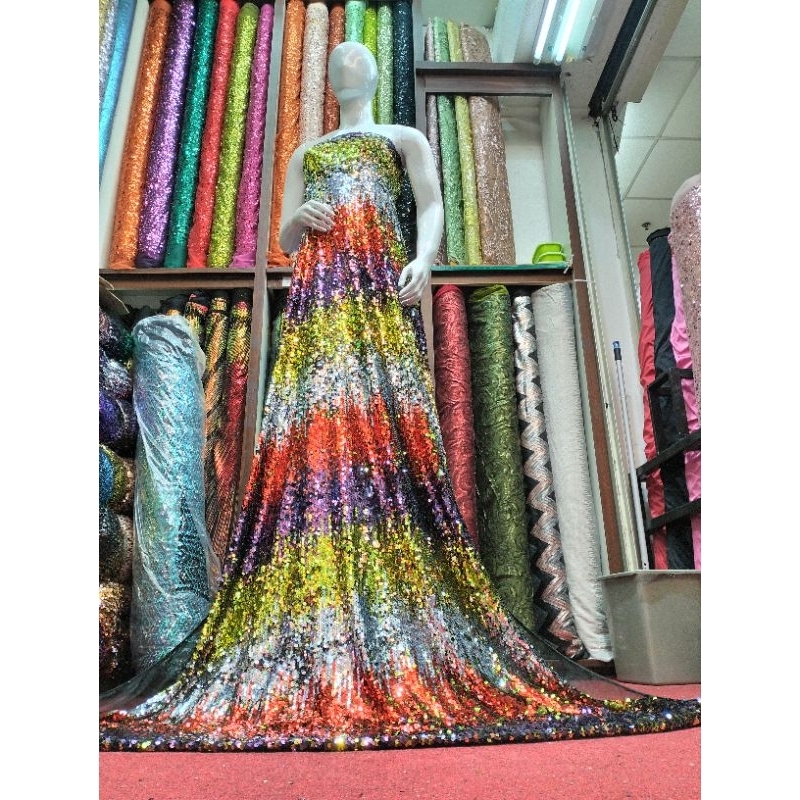 (COD) Bahan Kain Tulle Scqeen Gradasi Motif Garis Campur warna Full Payet