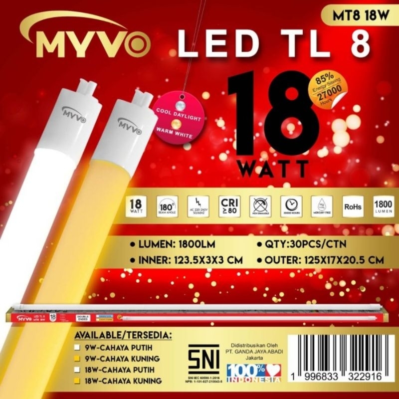 Lampu TL T8 LED 18 Watt - Panjang 120cm MYVO T8 terang berkualitas