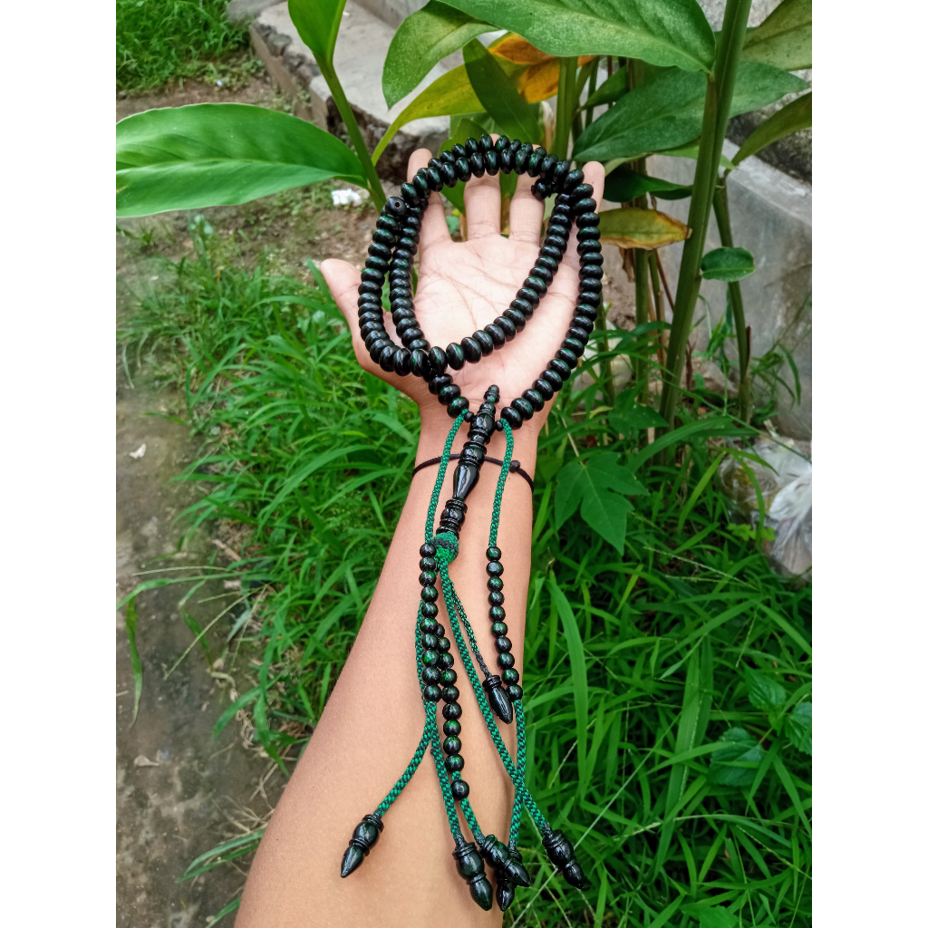 Tasbih Tinjani Asli Akar Bahar Tali Arus Warna Hijau Model Pipih Dim 12X7 mm Kualitas Super