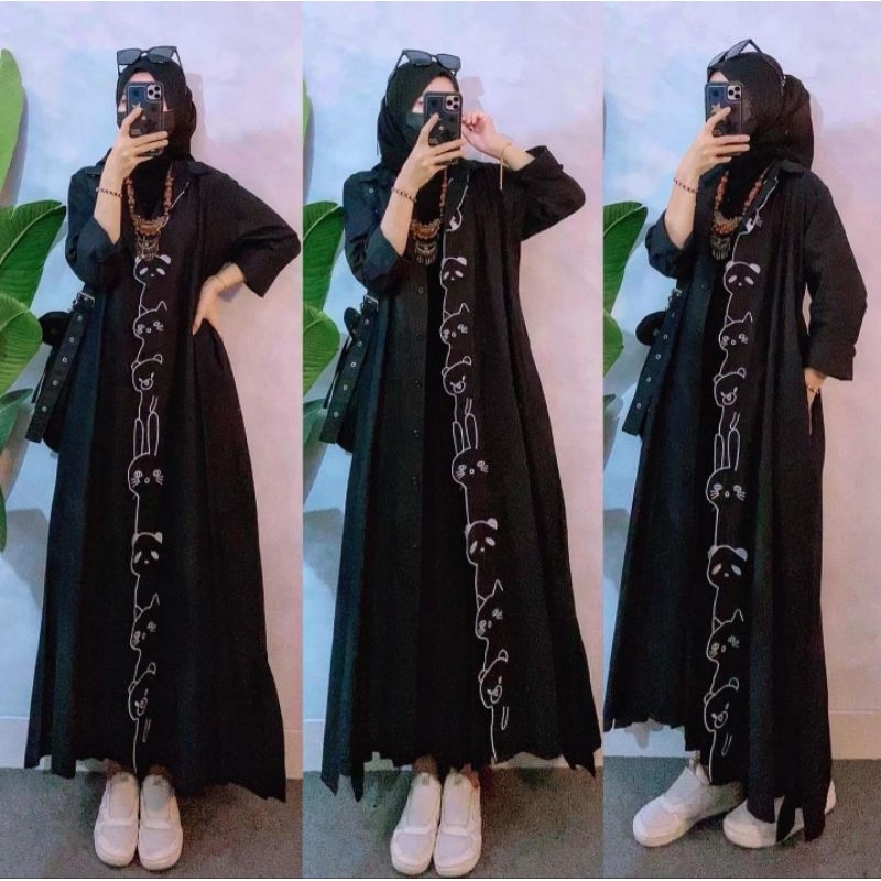 Animal Bordir Dress warna biru Dongker hitam navy black Maxi gamis cewe bahan Katun poplin import mi