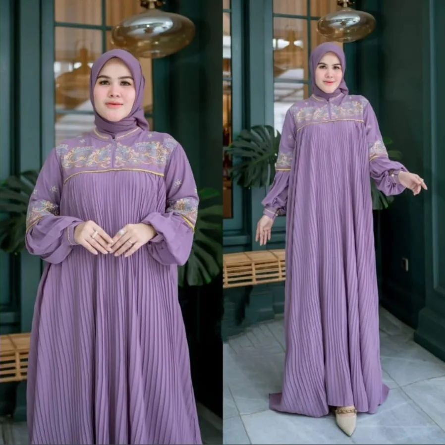Aqilla Dress Plisket - Gamis Plisket - Baju Lebaran 2024 - Gamis ceruty - Gamis Bordir