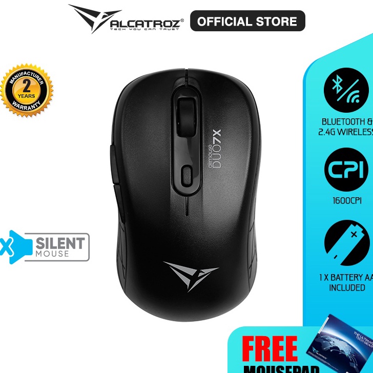 Mega Mouse Wireless  Blueooth 5 Alcatroz AirMouse Duo 7X Silent Click 24G Wireless Garansi Resmi 2 T