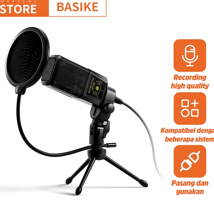 Gila 3PCS BASIKE Microphone Condenser Peralatan Audio Portable original untu Podcast PC Gaming Live 