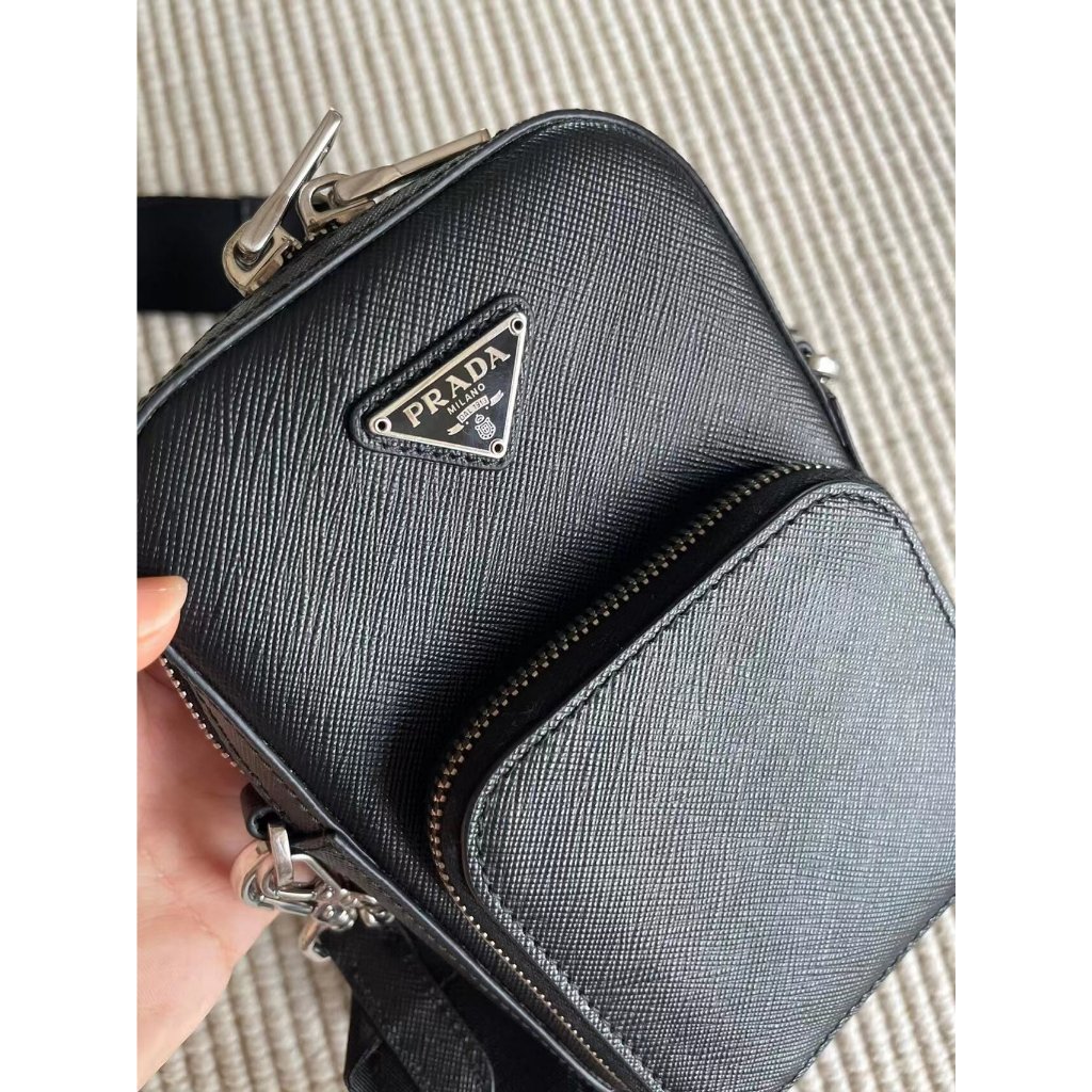 Prada men's triangle logo zipper small shoulder bag| leather bag|Prada bag
