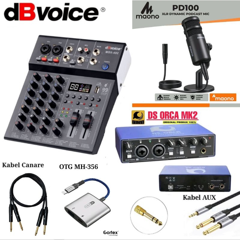 Paket Lengkap Mixer dBvoice Soundcard DS-ORCA Mic Maono PD100 OTG Cortex MH366/MH356 Kabel AUX Recor