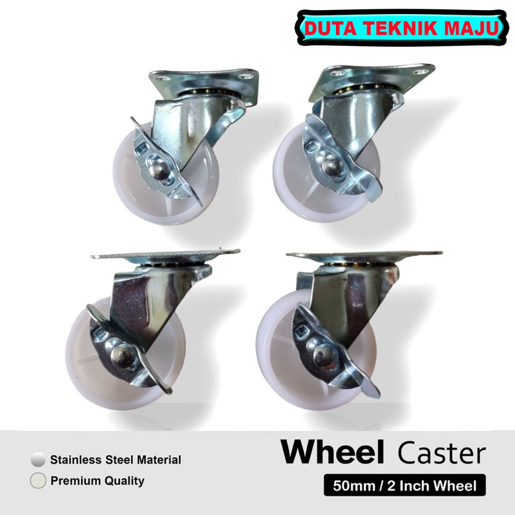 1 Set 4 Pcs RJS Roda Kastor Putih Hidup + Rem Nylon 2 Inch / Roda Caster Troli Etalase / Roda Nilon 