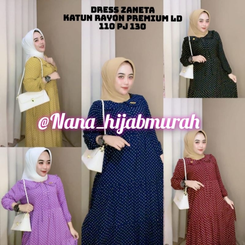 Dress zaneta polkadot// gamis rayon premium// busui resleting// karet kerah rempel