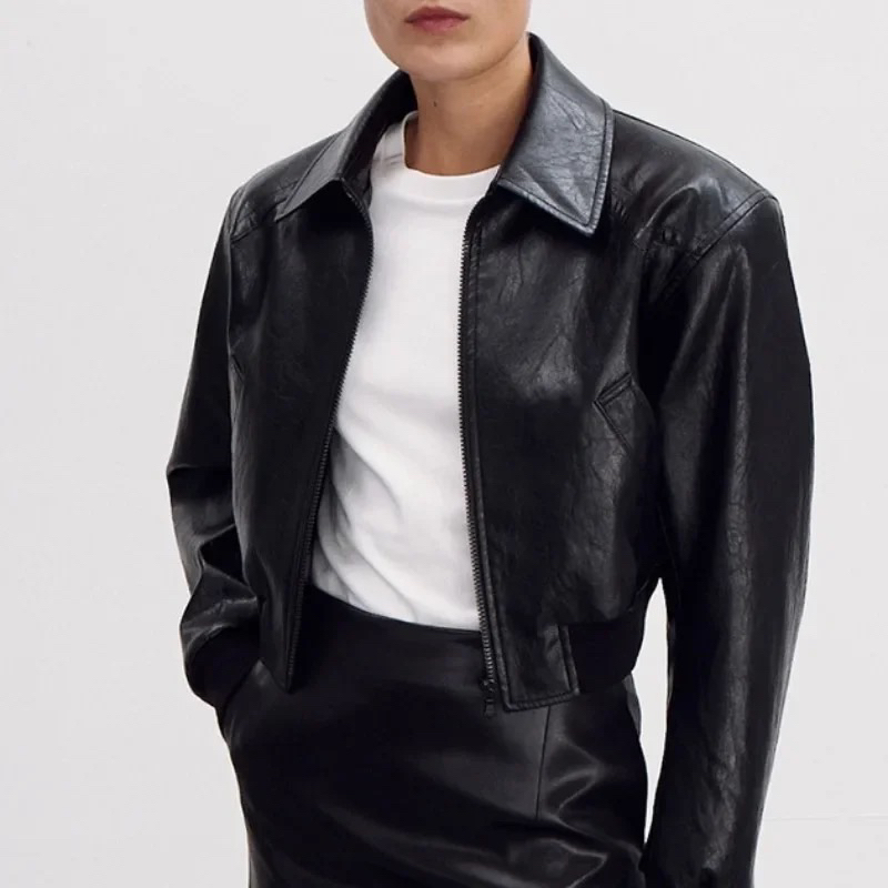 Jaket Kulit Crop Style Blazer Premium Ootd Korea Wanita Zipper Hitam Polos Leather Top Lembut Casual
