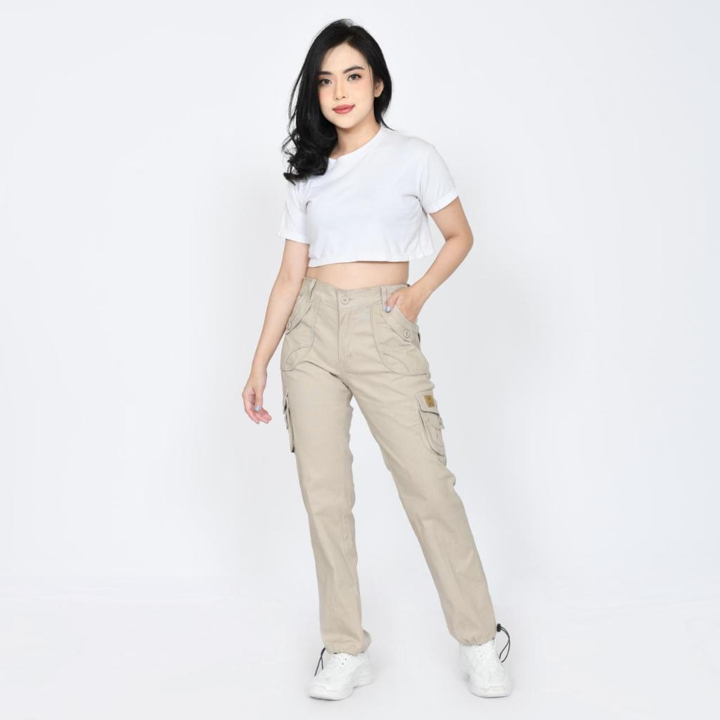 DUC"61 - Celana panjang cargo tali outdoor wanita - celana panjang wanita cream